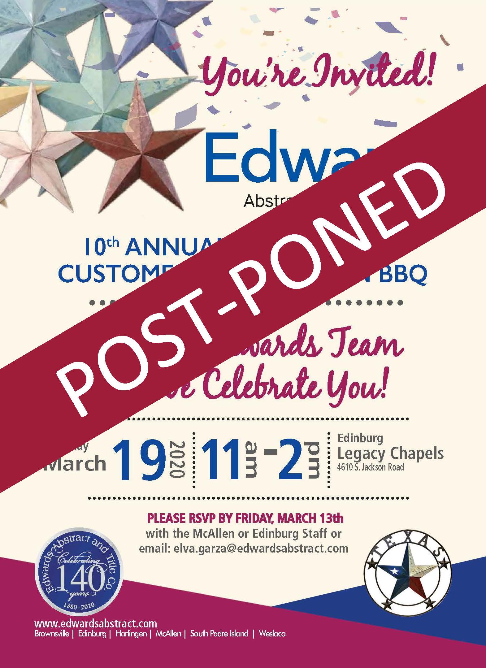 Read more about the article POST-PONED: 10th Annual Texas Proud Customer Appreciation BBQ