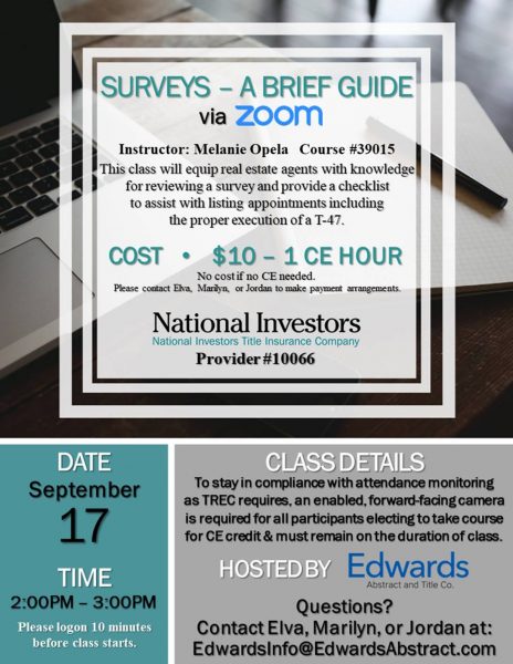 Read more about the article 1 Hour CE Credit via ZOOM – Surveys