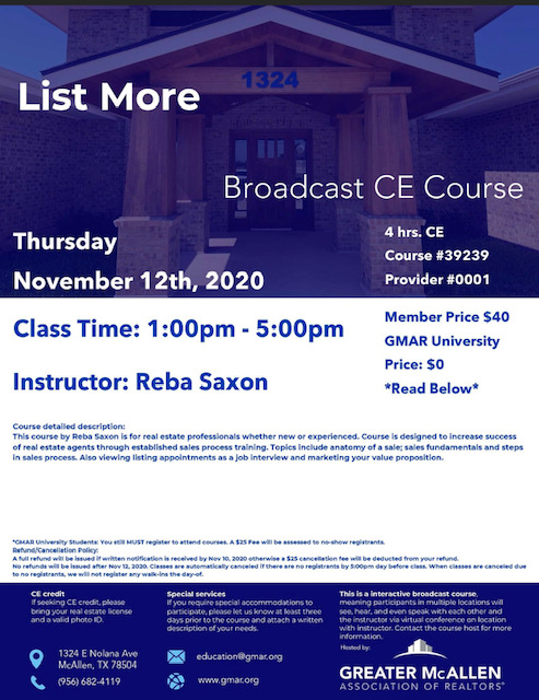 List More! 1:00pm - 5:00pm CE hours: 4 Price $40 | GMAR University: $0 Instructor: Reba Saxon