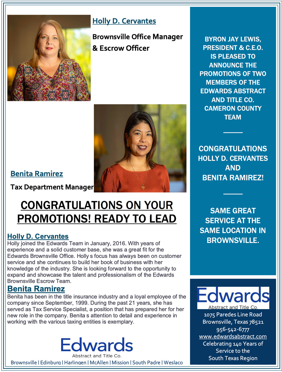 Read more about the article Congratulations to Holly D. Cervantes and Benita Ramirez!